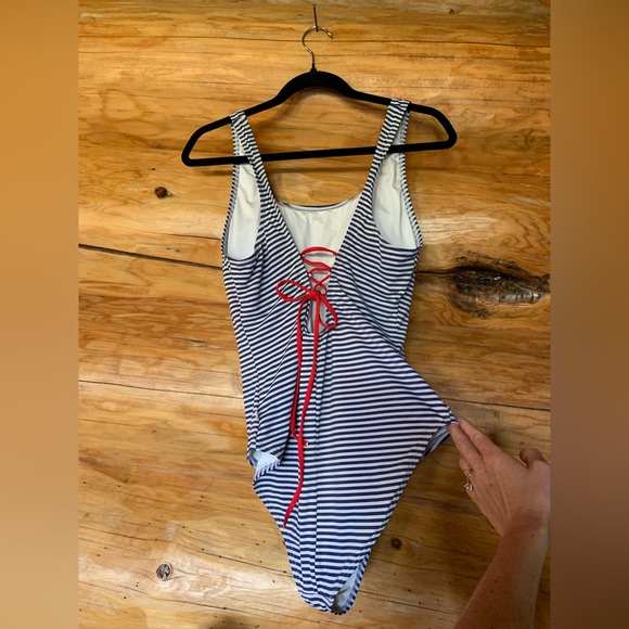Striped One-Piece Bathing Suit with tie back - Picture 2 of 4